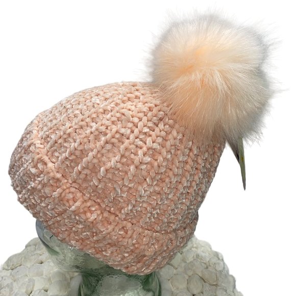 Peach Fuzz Knit Chenille Fold-over Beanie with Faux Fur Pom Pom - Picture 6 of 11